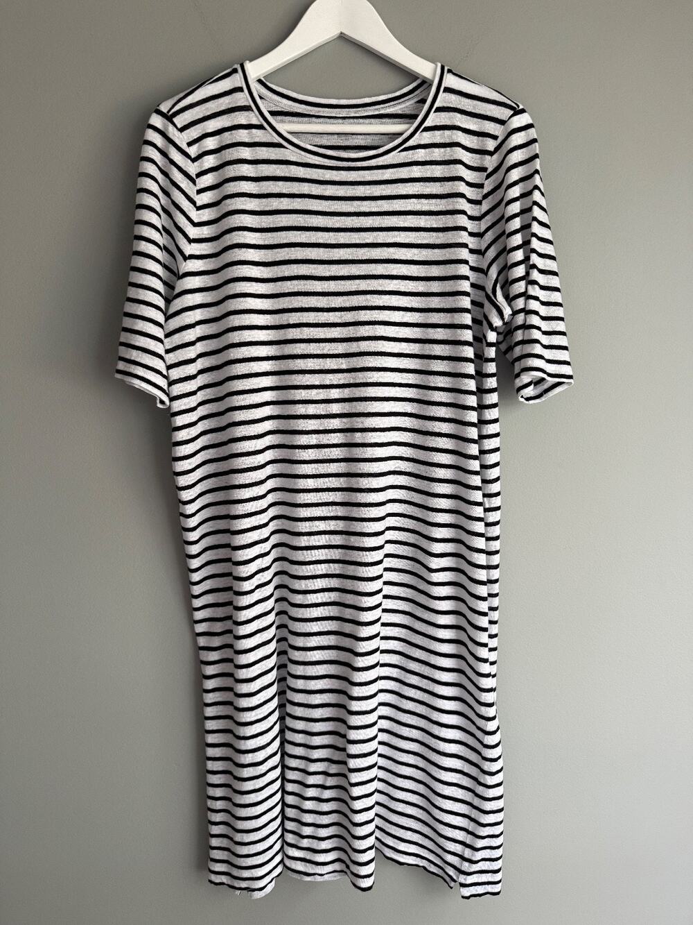 Eileen Fisher Women XL/TG Organic Linen Striped T-Shirt Dress Gray Black Coastal